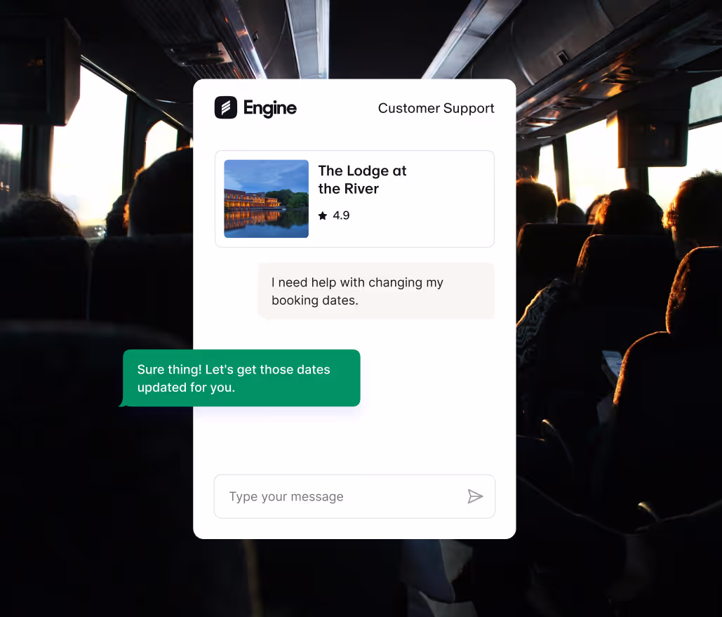 A sports team riding a bus, and an app screen of a person interacting with Engine's customer support representatives.